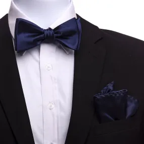 Navy Blue Silk Self Bow Tie Set for Men