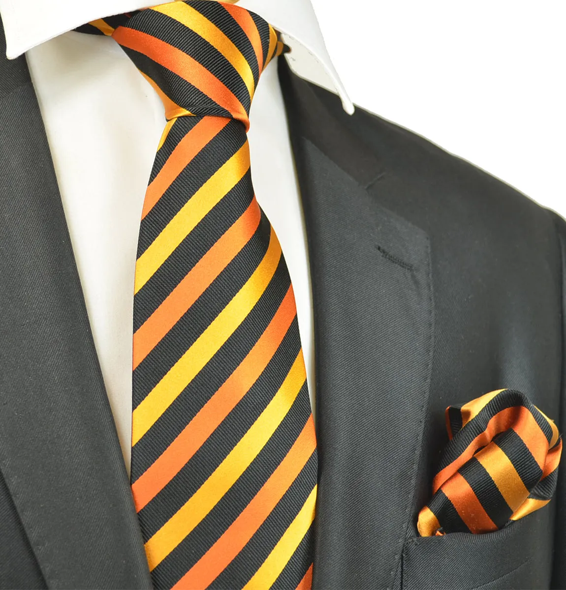 Orange and Black Striped Silk Tie Set by Paul Malone