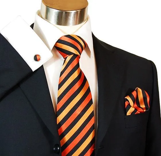 Orange and Black Striped Silk Tie Set by Paul Malone