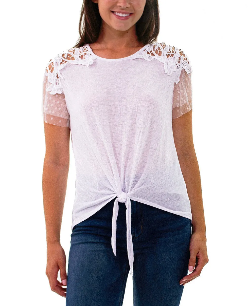 Petite Short Point De Sprit Sleeve Top With Crochet Detail And Knotted Hem