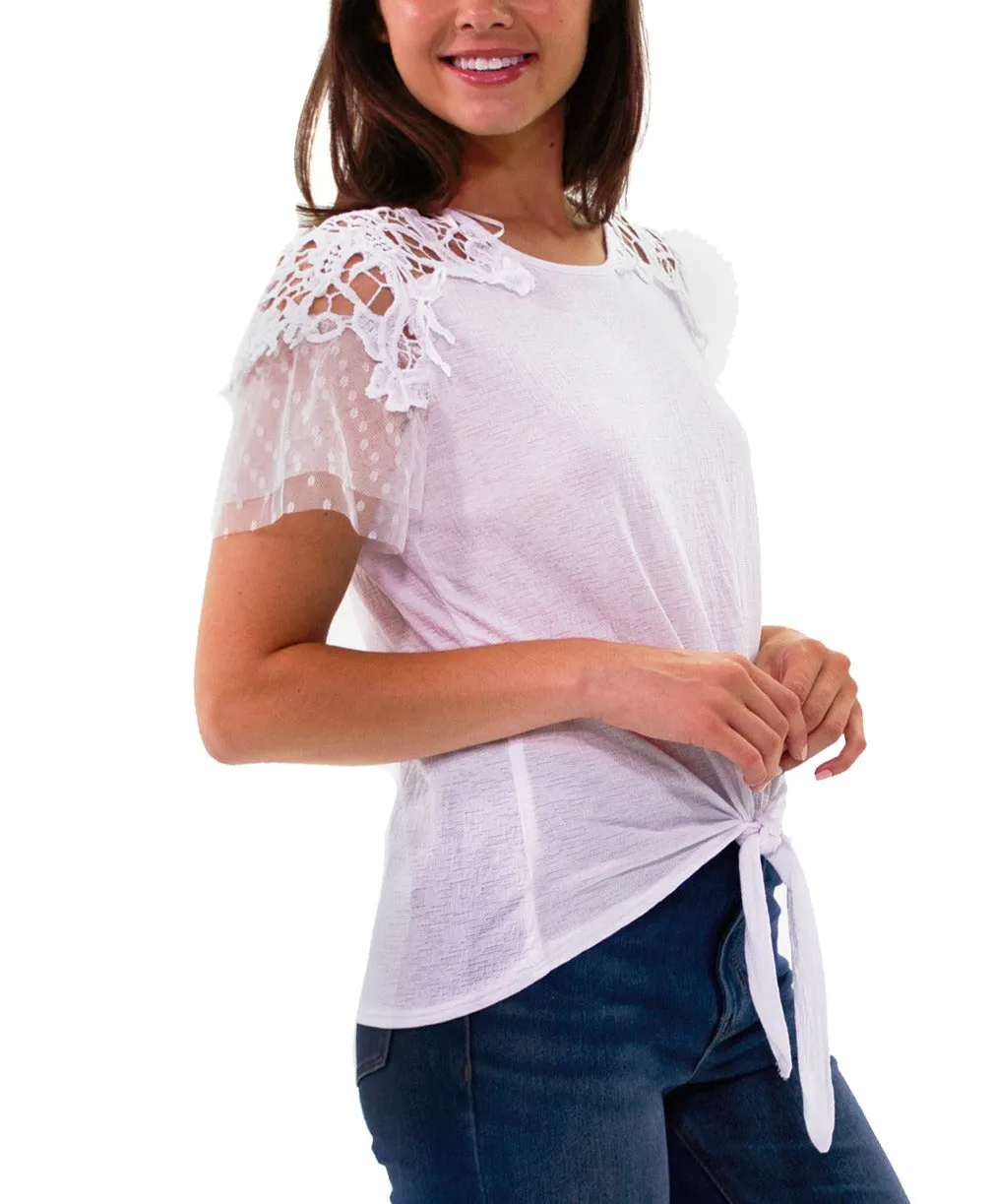 Petite Short Point De Sprit Sleeve Top With Crochet Detail And Knotted Hem