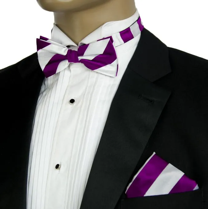 Purple and White Striped Silk Bow Tie Set