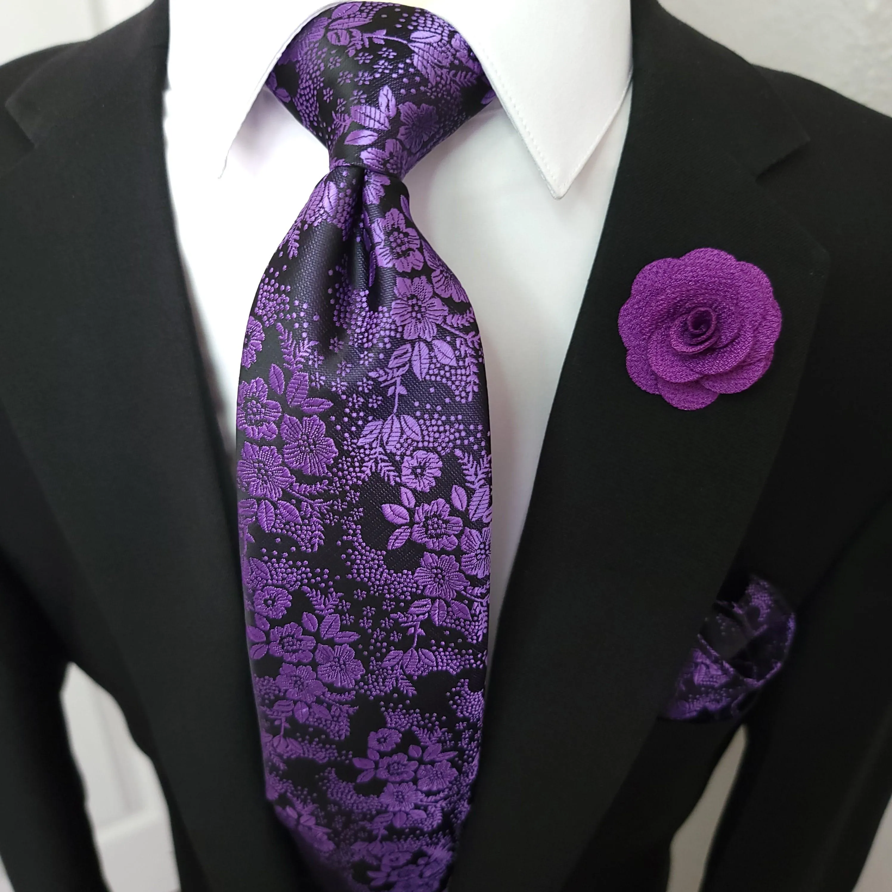 Purple Floral Silk Tie Pocket Square Set