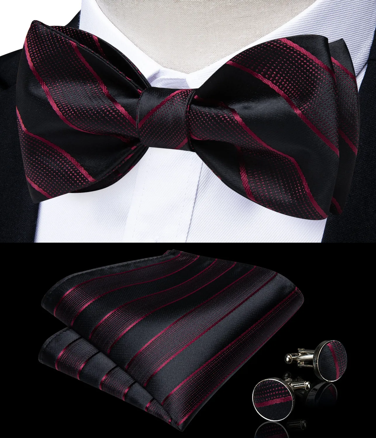 Red Black Paisley Self-Bowtie Pocket Square Cufflinks Set