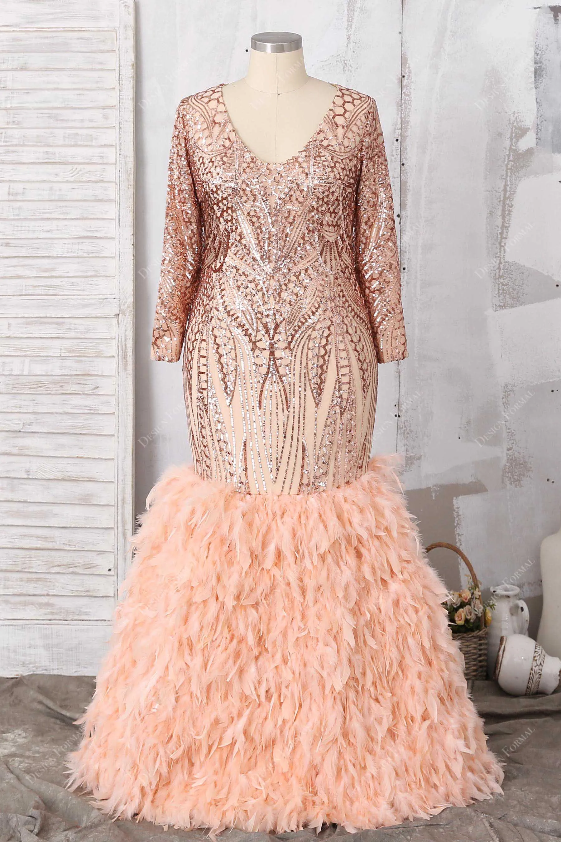 Rose Gold Unique Sequin Feather Plus Size Trumpet Prom Dress