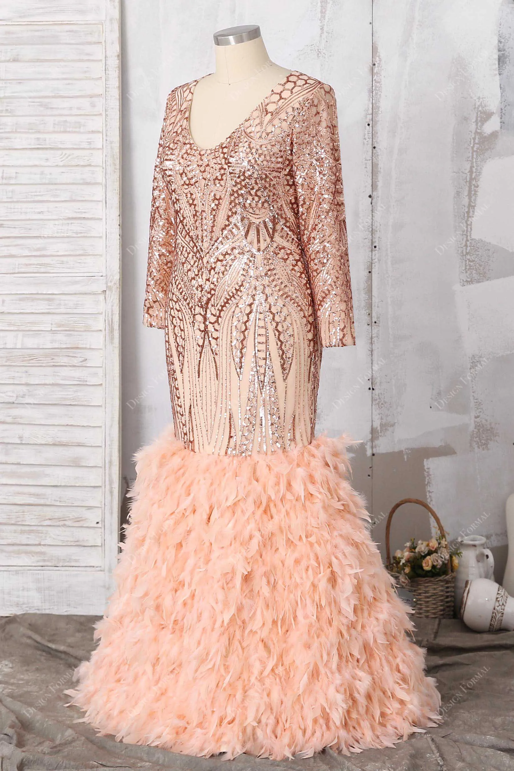 Rose Gold Unique Sequin Feather Plus Size Trumpet Prom Dress