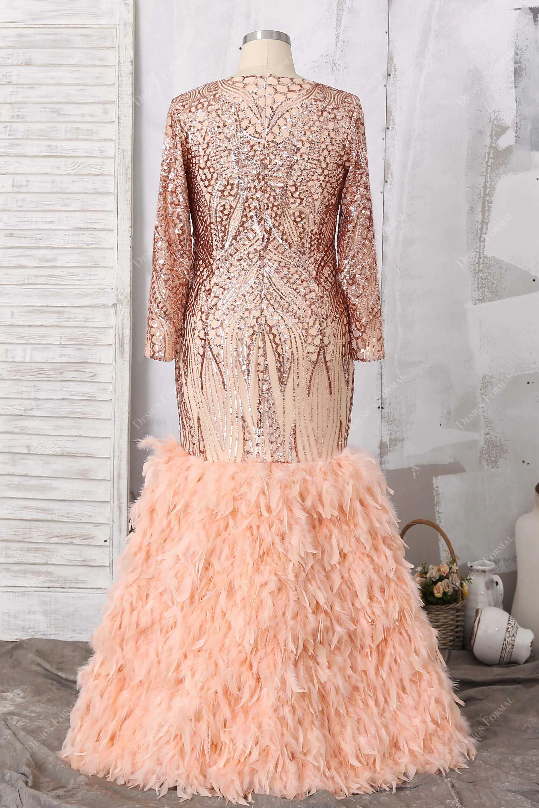 Rose Gold Unique Sequin Feather Plus Size Trumpet Prom Dress