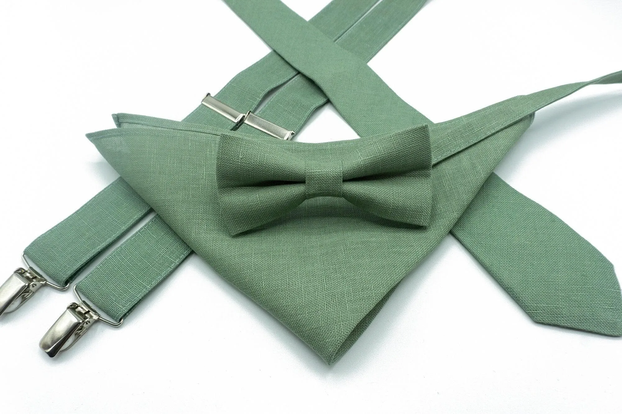 Sage Green Linen Tie Set with Pocket Square and Suspenders