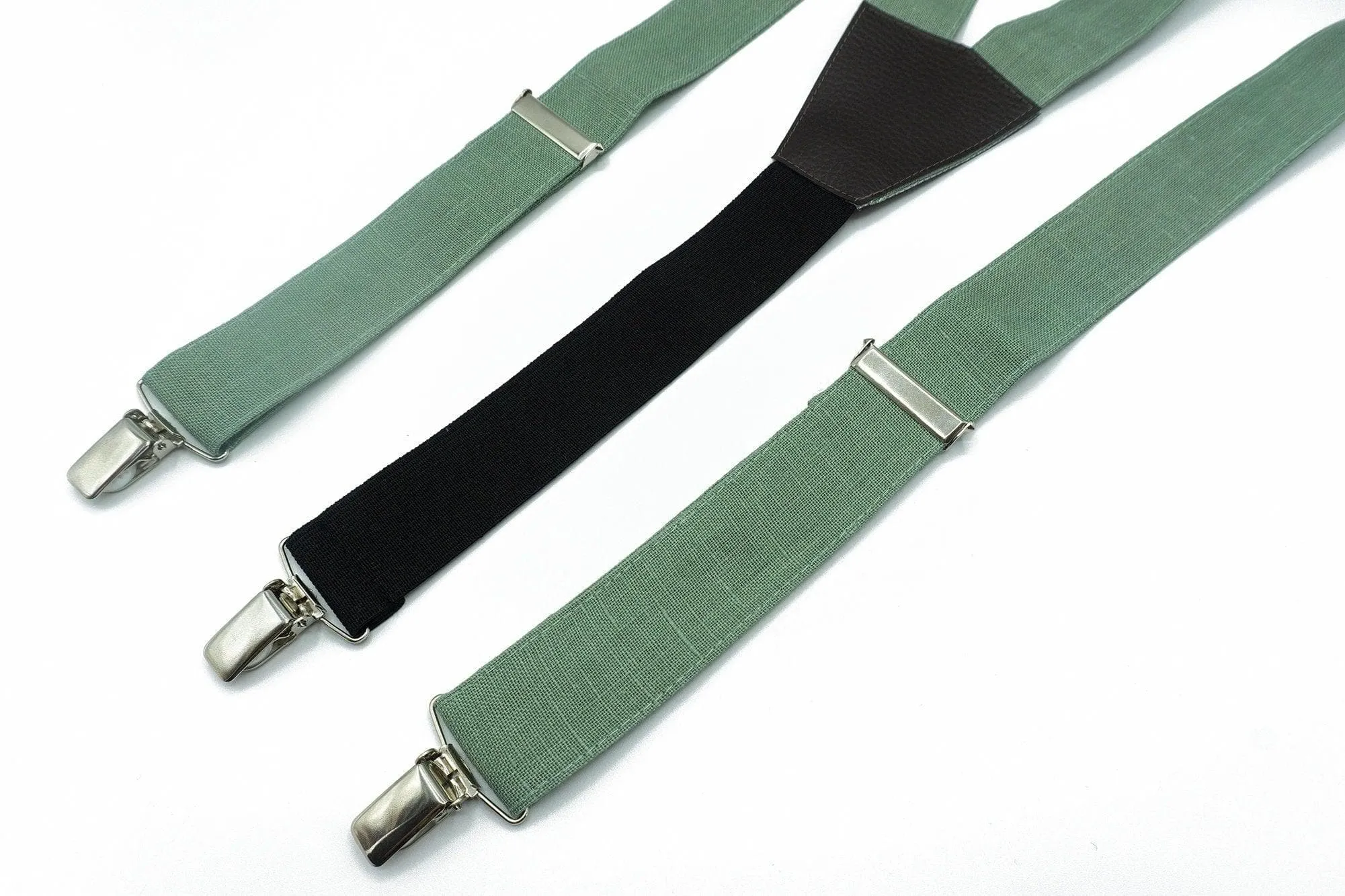 Sage Green Linen Tie Set with Pocket Square and Suspenders