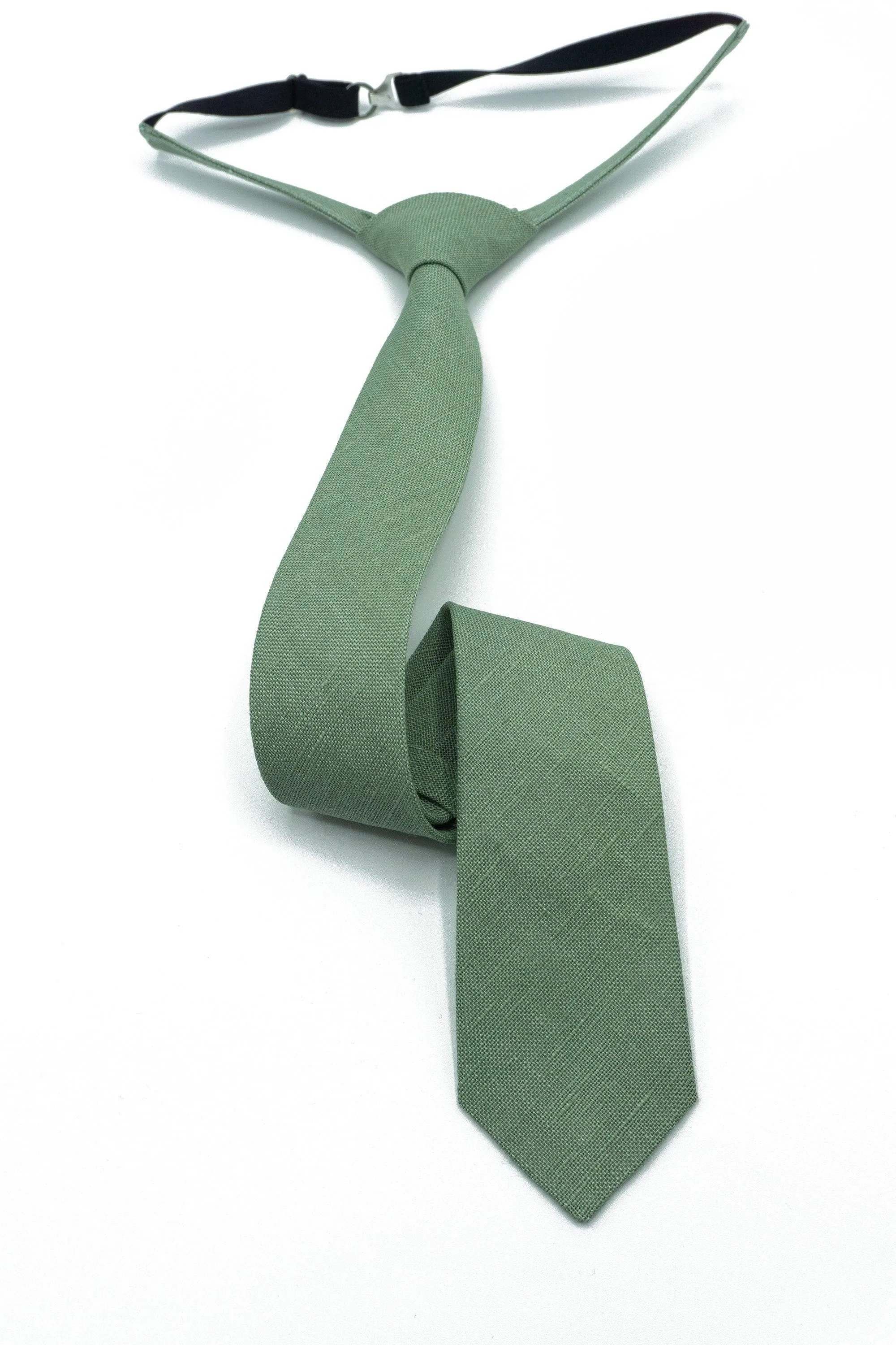 Sage Green Linen Tie Set with Pocket Square and Suspenders