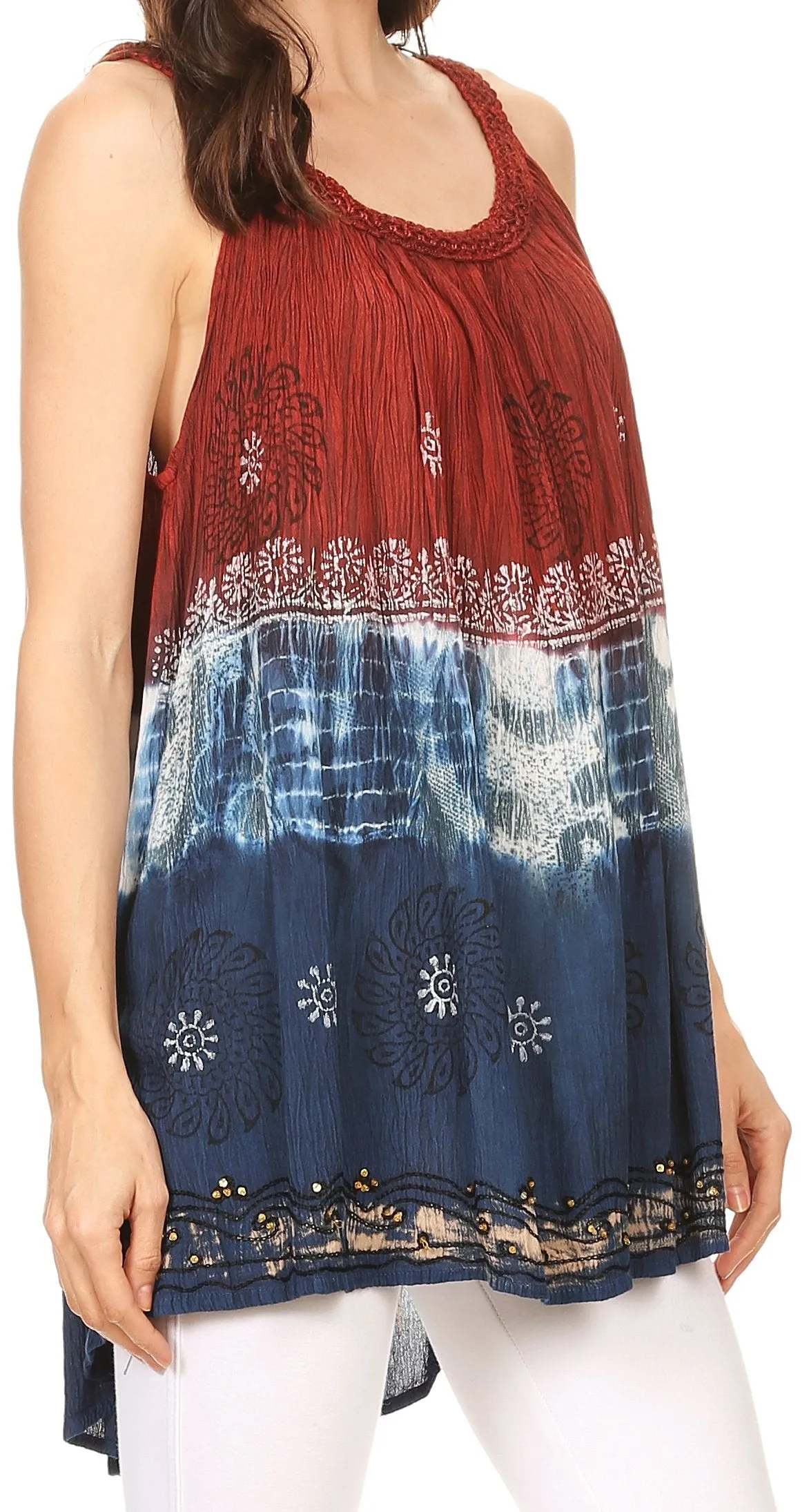 Sakkas Cecily Crinkle Floral Batik Tank with Sequins and Embroidery