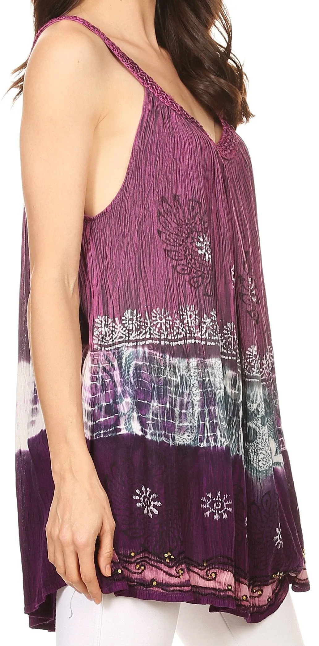 Sakkas Cecily Crinkle Floral Batik Tank with Sequins and Embroidery