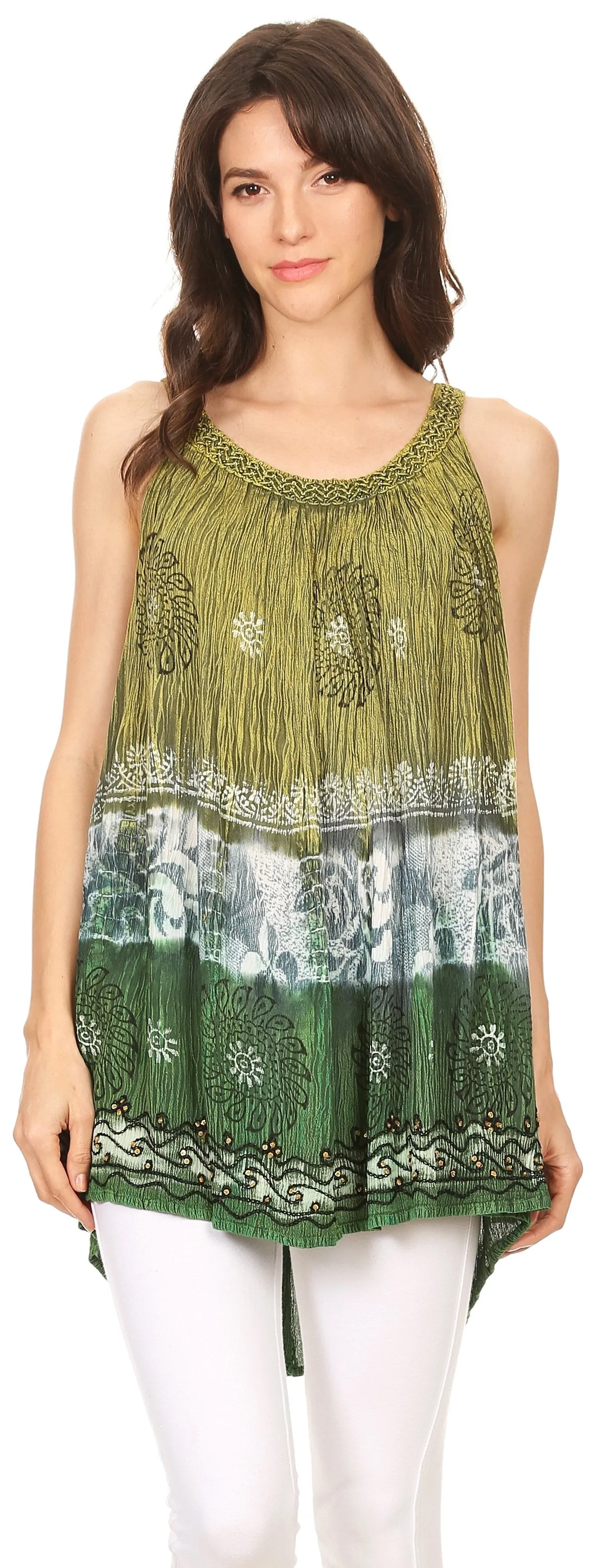 Sakkas Cecily Crinkle Floral Batik Tank with Sequins and Embroidery