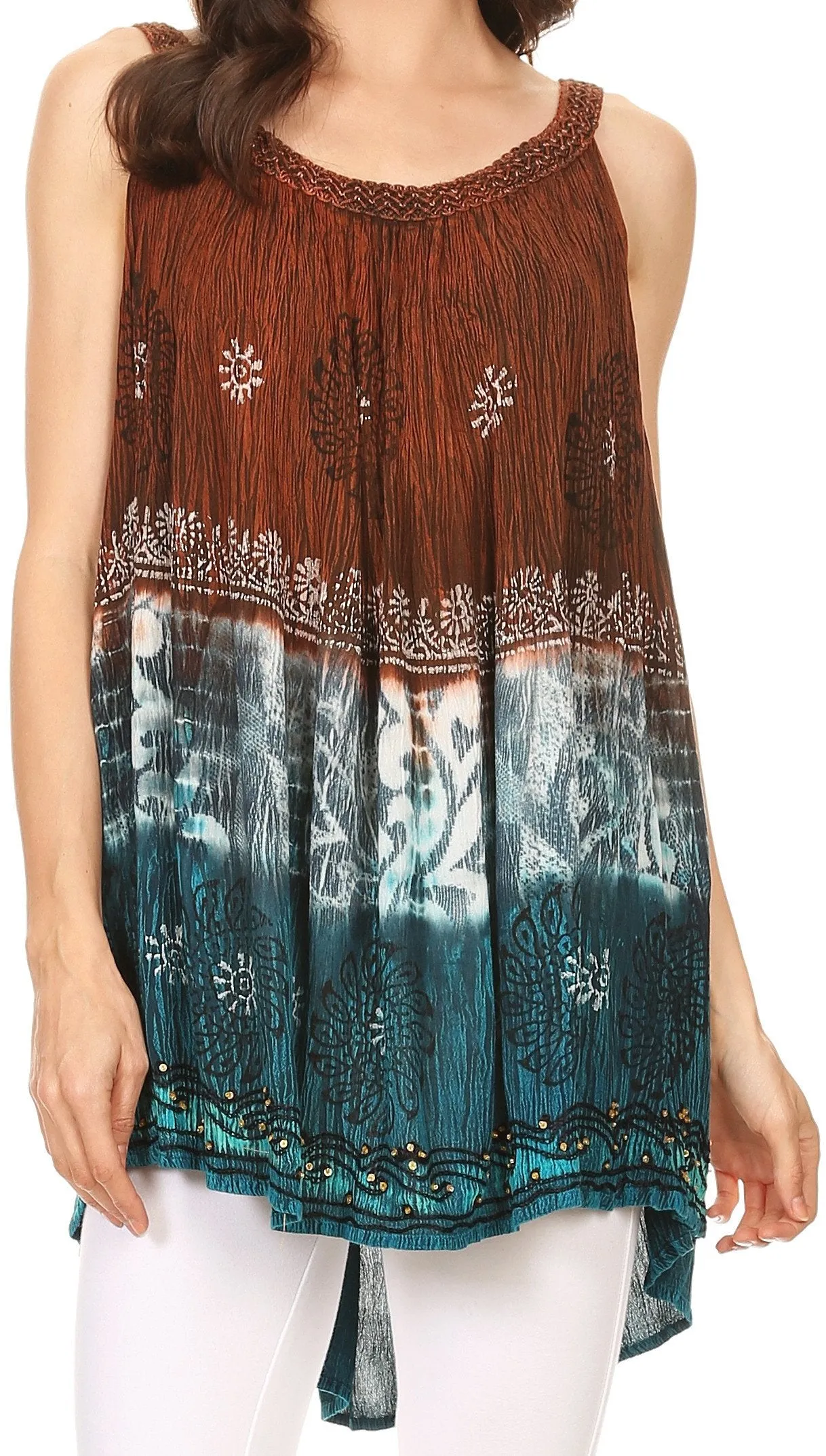 Sakkas Cecily Crinkle Floral Batik Tank with Sequins and Embroidery