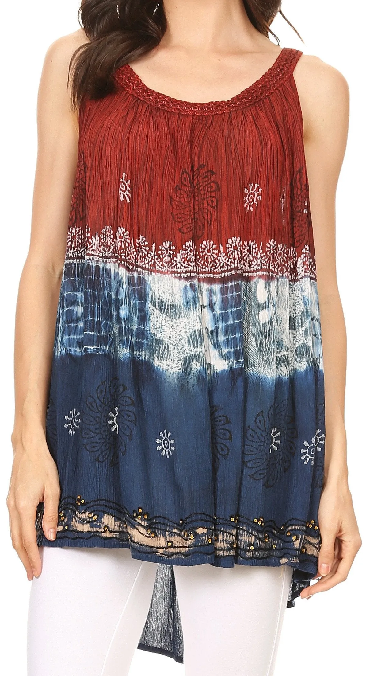 Sakkas Cecily Crinkle Floral Batik Tank with Sequins and Embroidery