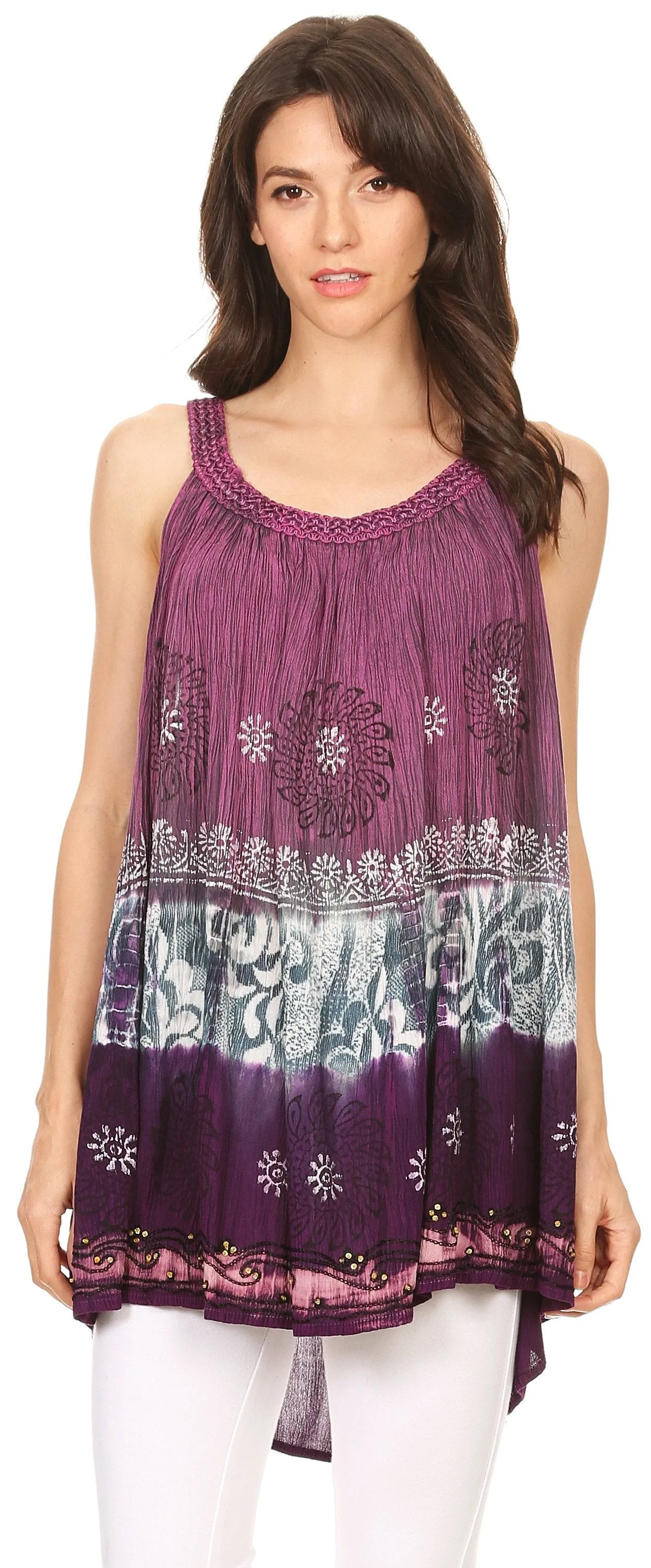 Sakkas Cecily Crinkle Floral Batik Tank with Sequins and Embroidery