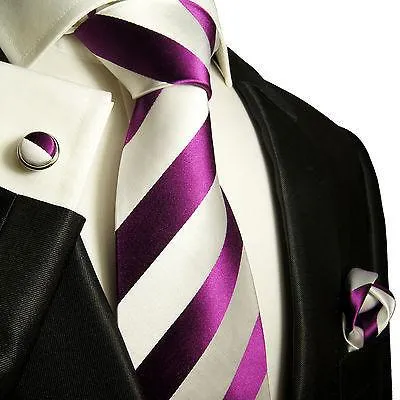 Silk Necktie Set by Paul Malone . Purple and White Stripes