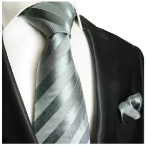 Silver Grey Striped Silk Tie and Accessories