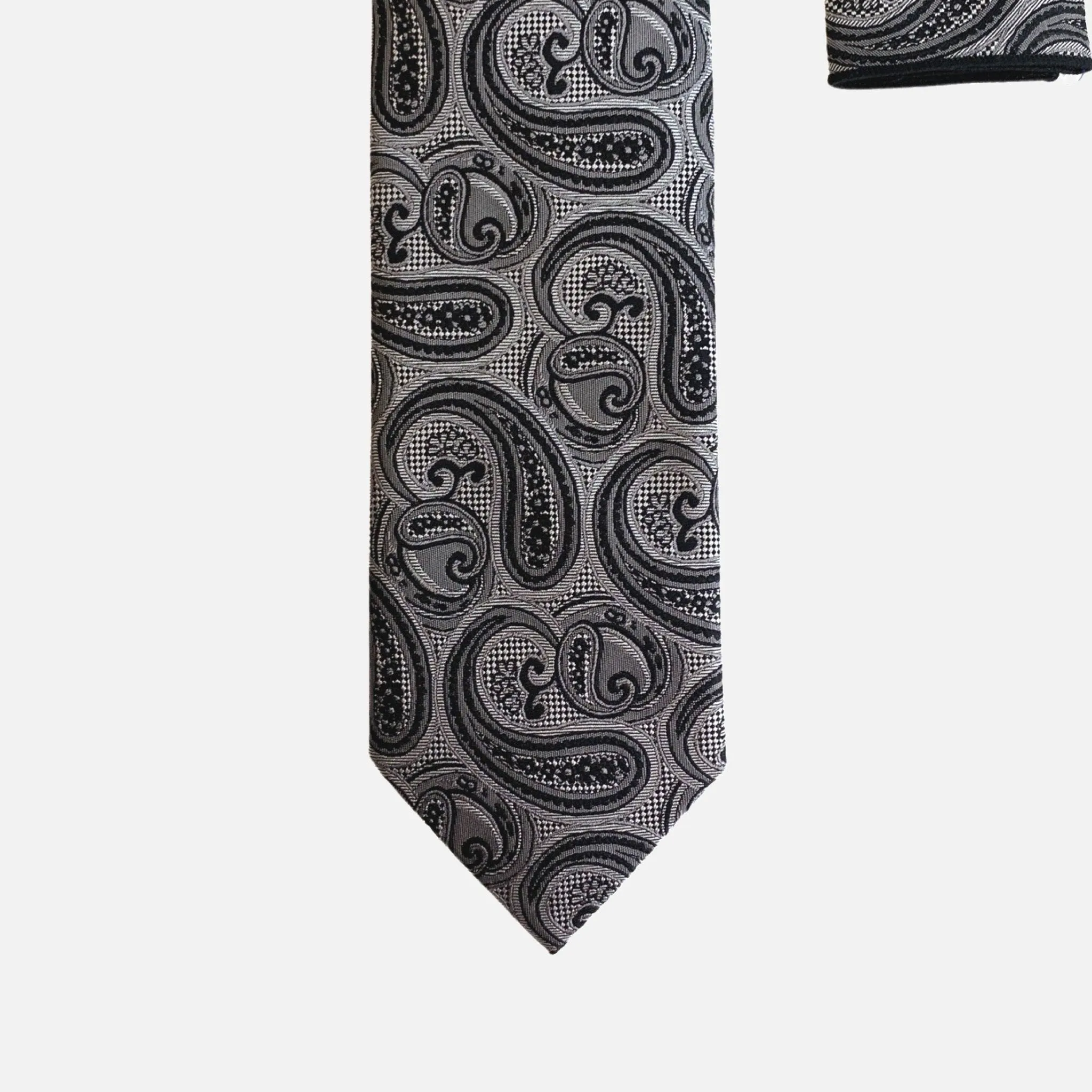 Steven Land Pailsey Silk Tie and Hanky “BW2436” Black/White