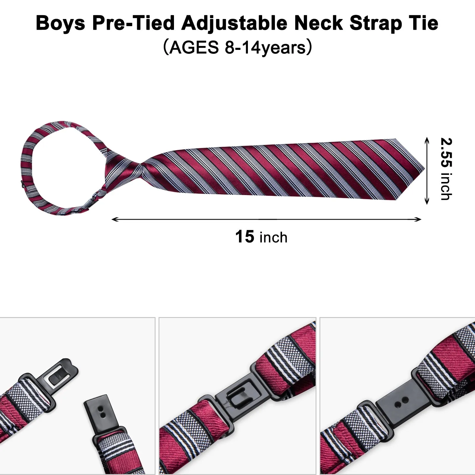 Ties2you Children's Tie Burgundy Grey Striped Pre-Tied Necktie Hanky Set