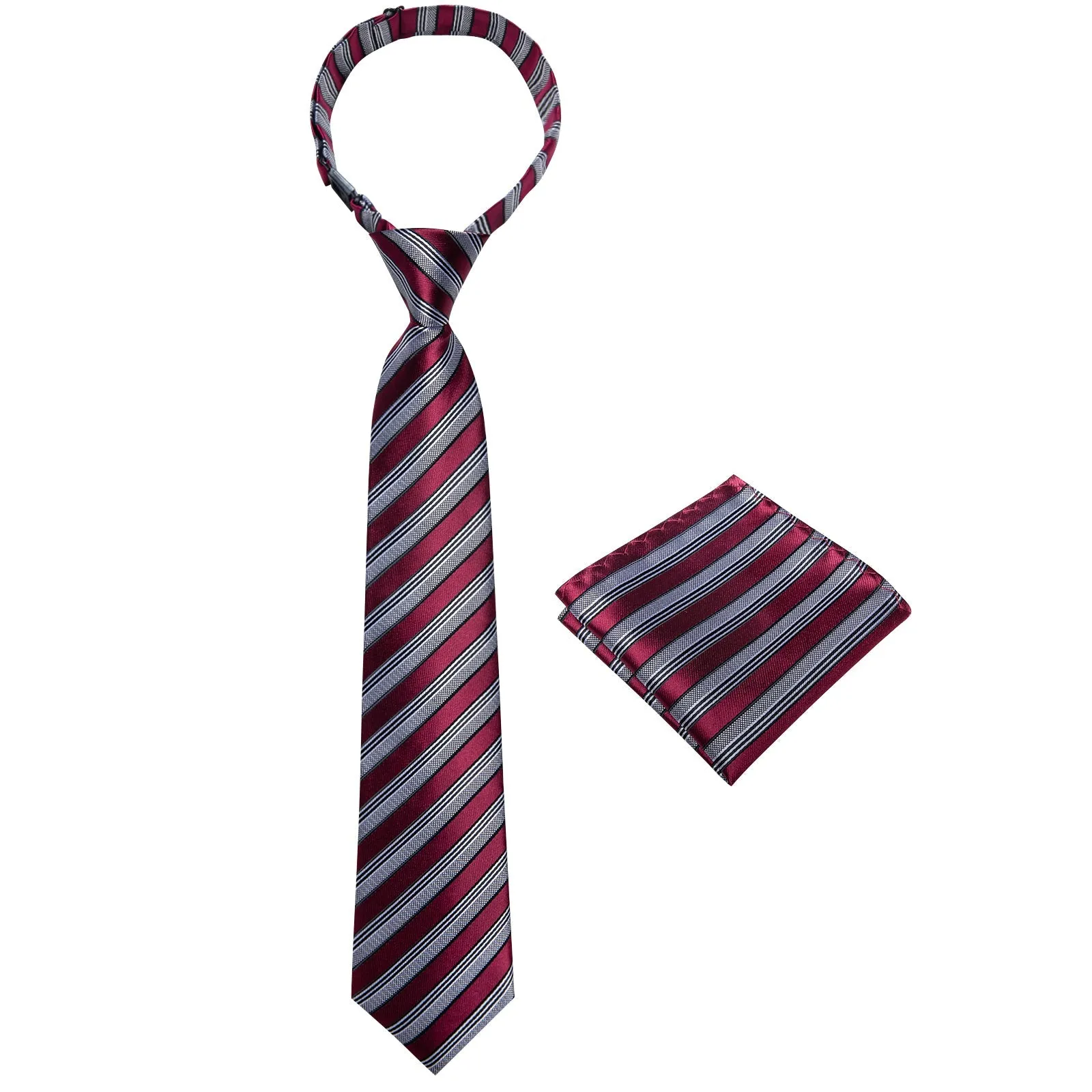 Ties2you Children's Tie Burgundy Grey Striped Pre-Tied Necktie Hanky Set