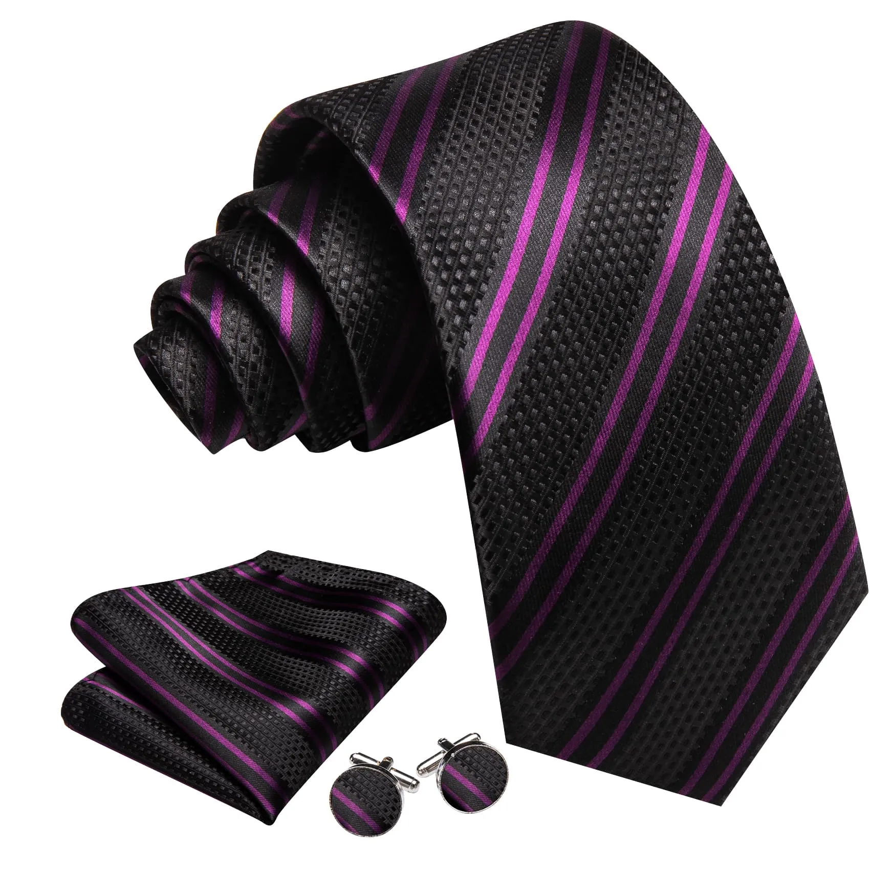 Ties2you Silk Tie Black Purple Striped Men's Tie Pocket Square Cufflinks Set