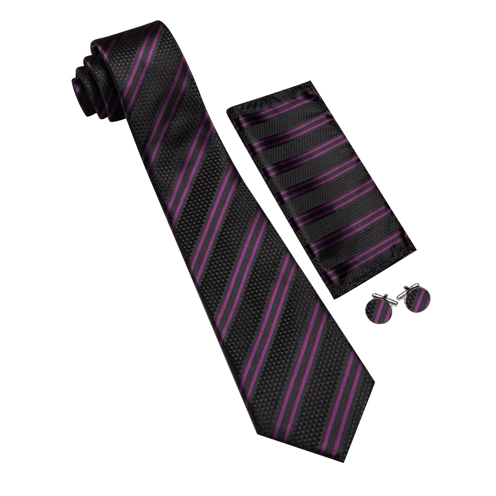 Ties2you Silk Tie Black Purple Striped Men's Tie Pocket Square Cufflinks Set