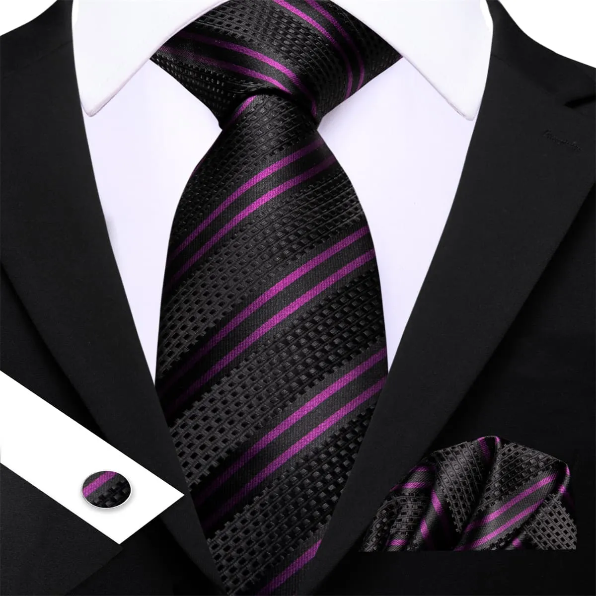 Ties2you Silk Tie Black Purple Striped Men's Tie Pocket Square Cufflinks Set