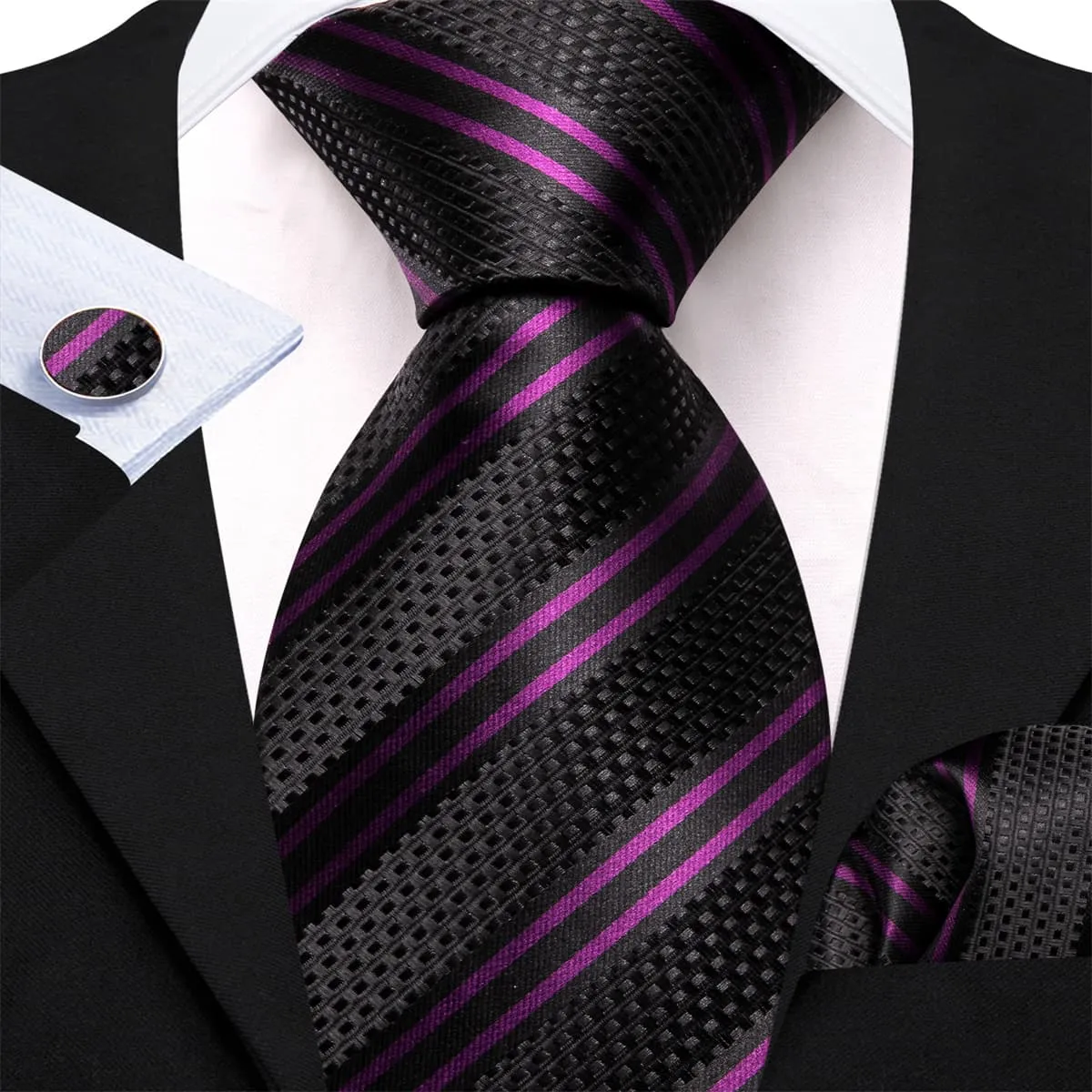 Ties2you Silk Tie Black Purple Striped Men's Tie Pocket Square Cufflinks Set