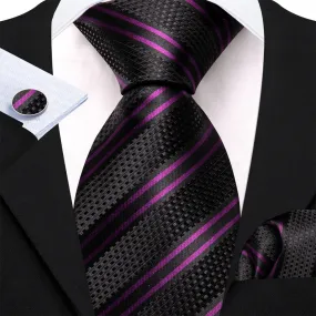 Ties2you Silk Tie Black Purple Striped Men's Tie Pocket Square Cufflinks Set