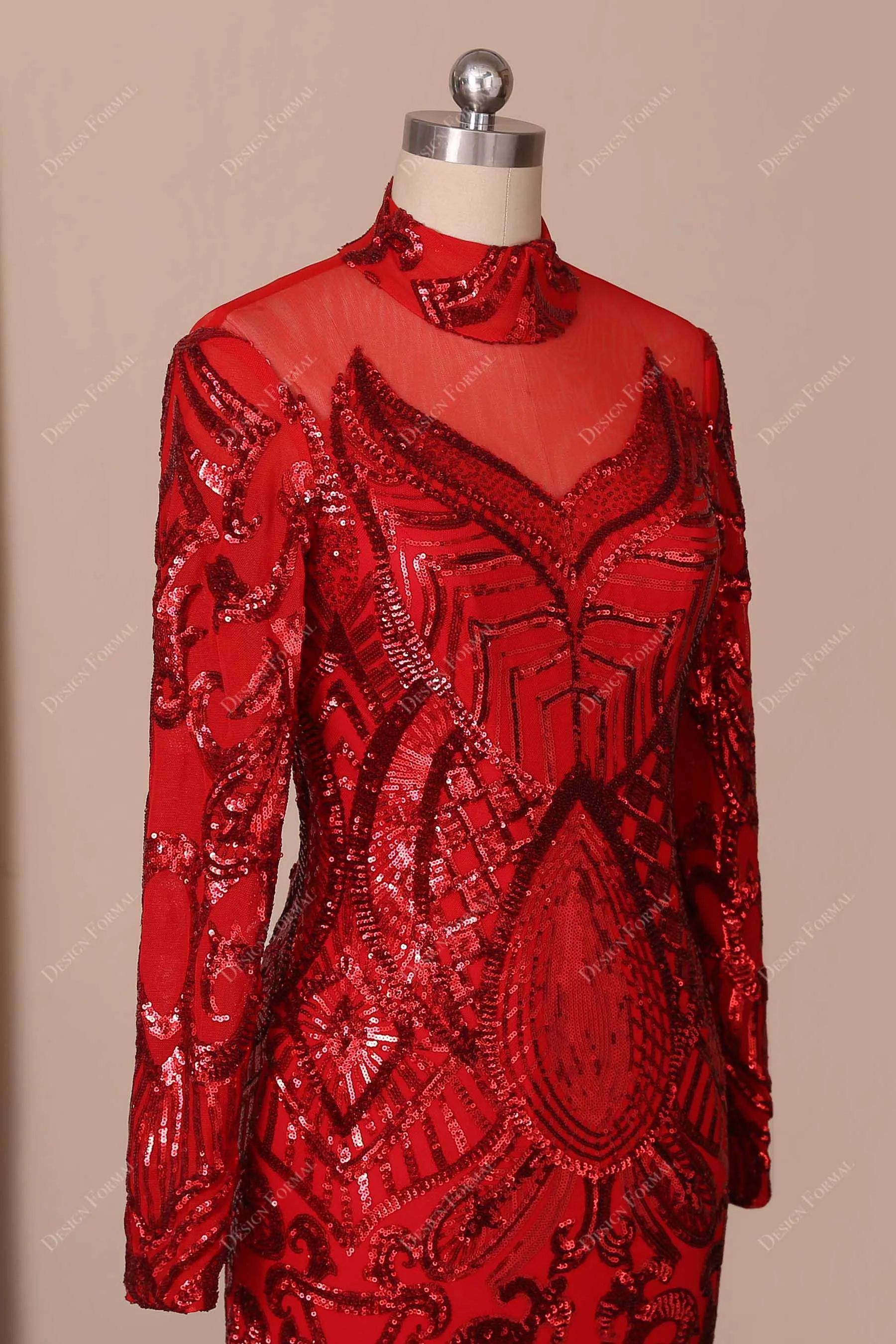 Unique Red Sequin Long Sleeve Mermaid Prom Dress