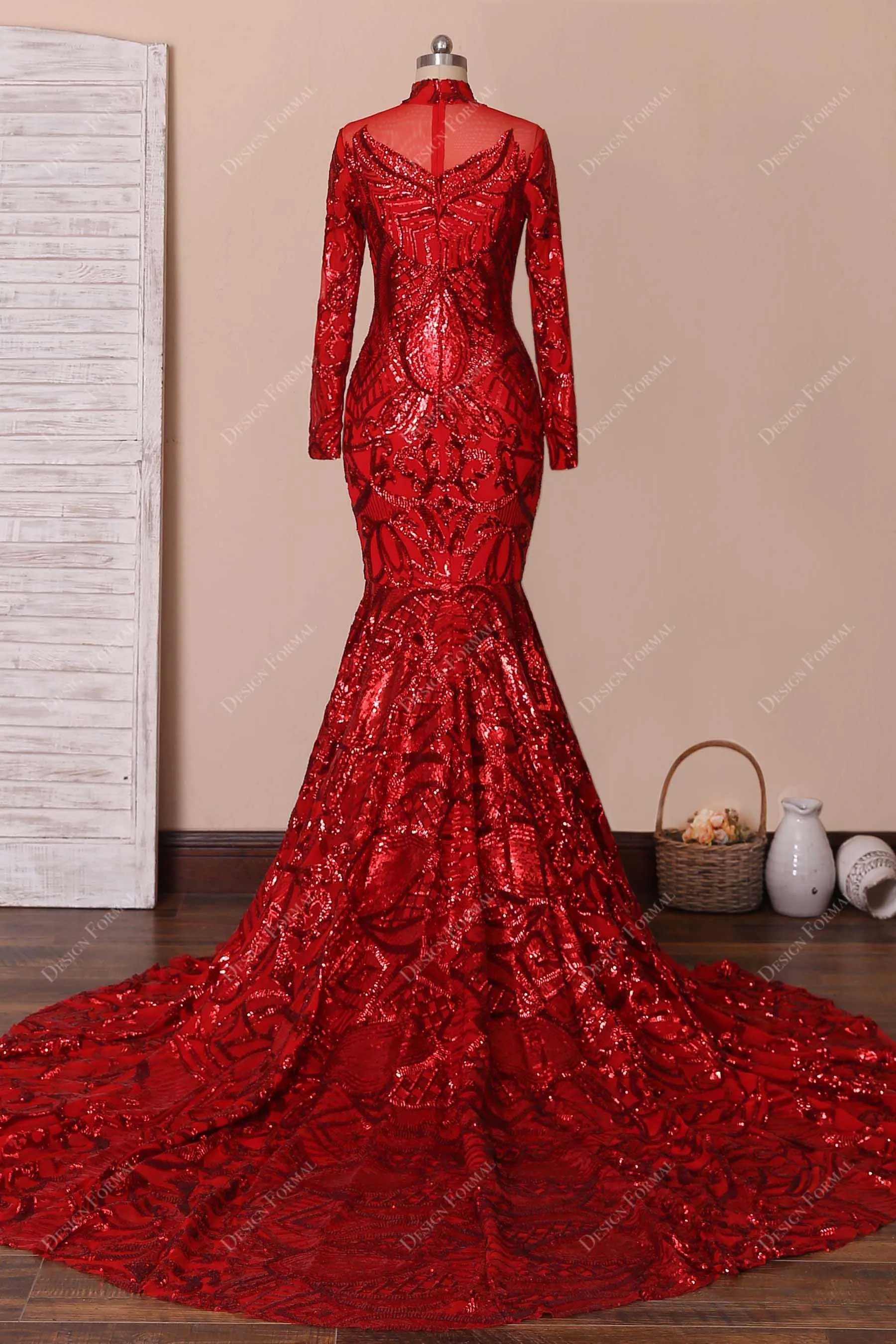 Unique Red Sequin Long Sleeve Mermaid Prom Dress