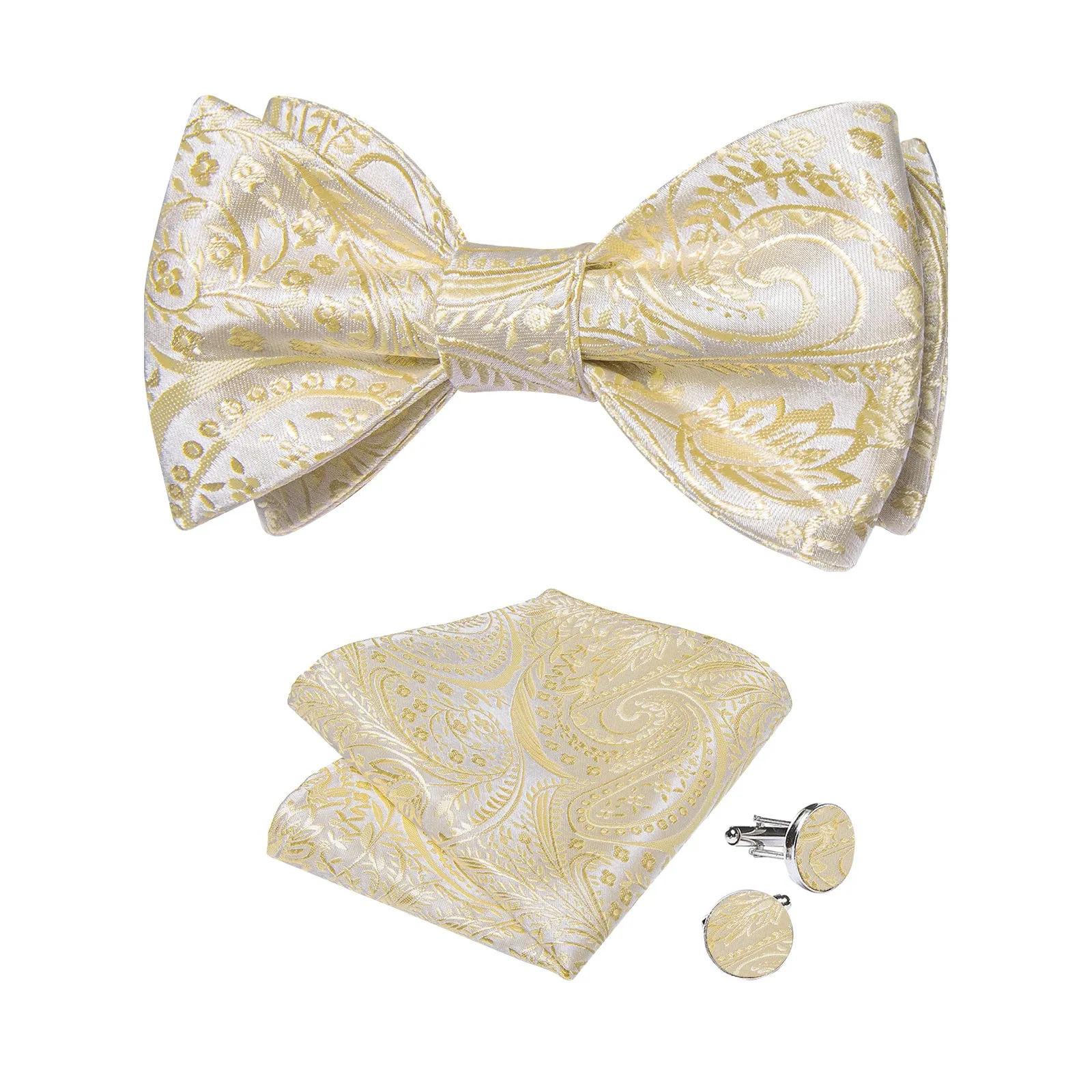 Yellow Floral Self-Bowtie Pocket Square Cufflinks Set