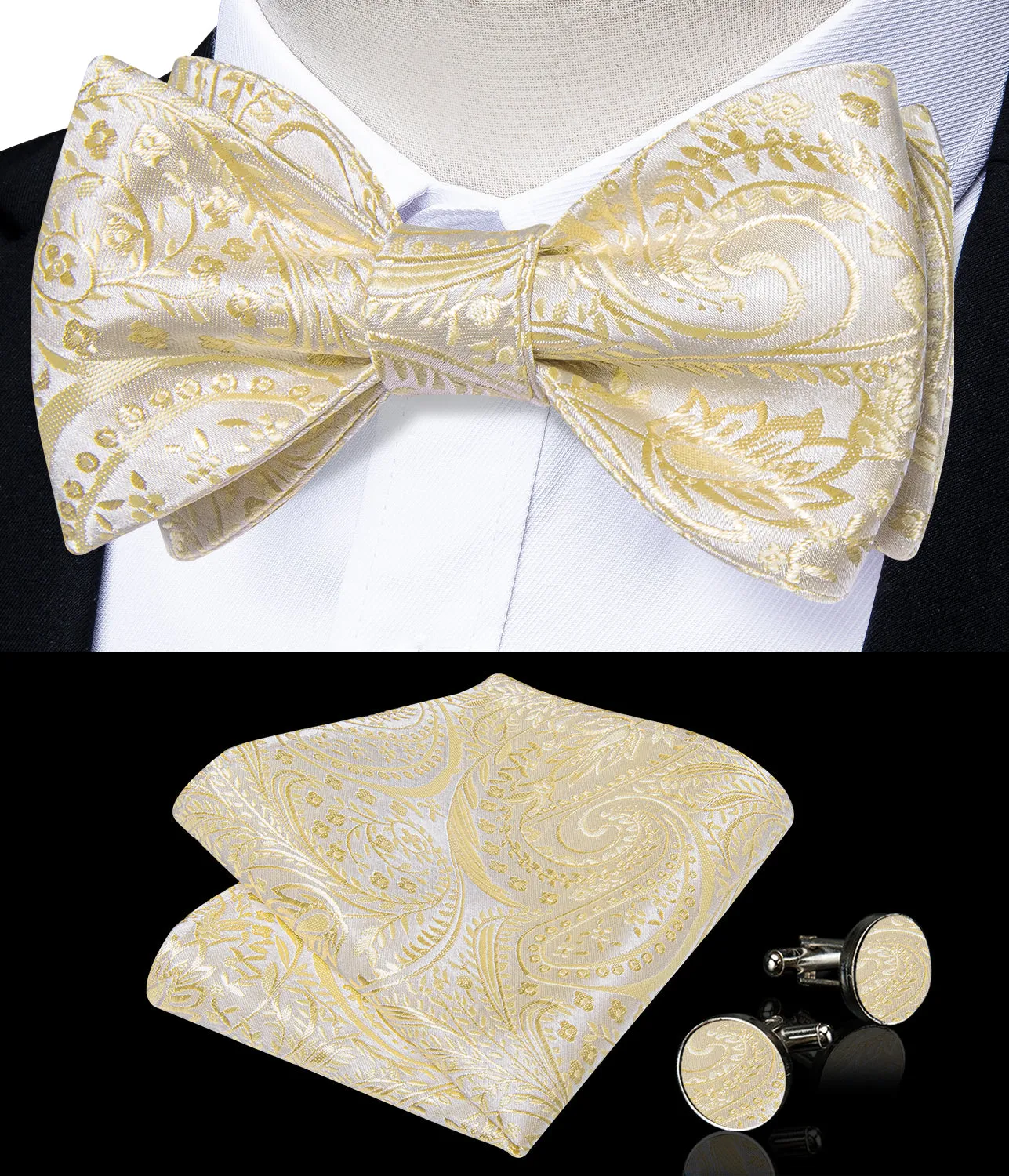 Yellow Floral Self-Bowtie Pocket Square Cufflinks Set