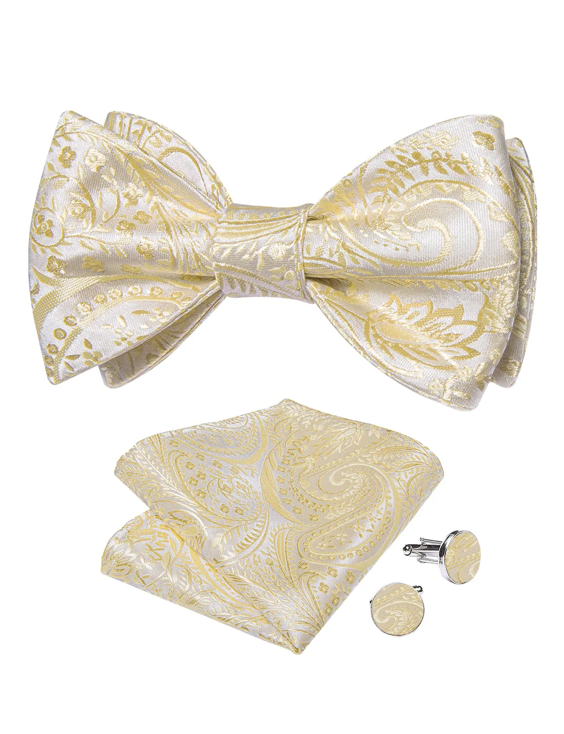 Yellow Floral Self-Bowtie Pocket Square Cufflinks Set